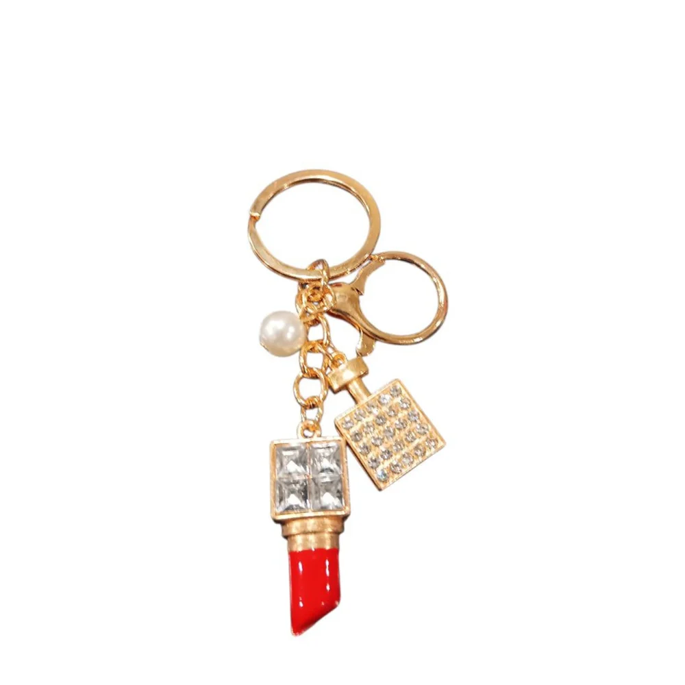 Rhinestone Lipstick, Perfume Bottle, Pearl Bling Keychain Purse Charm Red & Gold